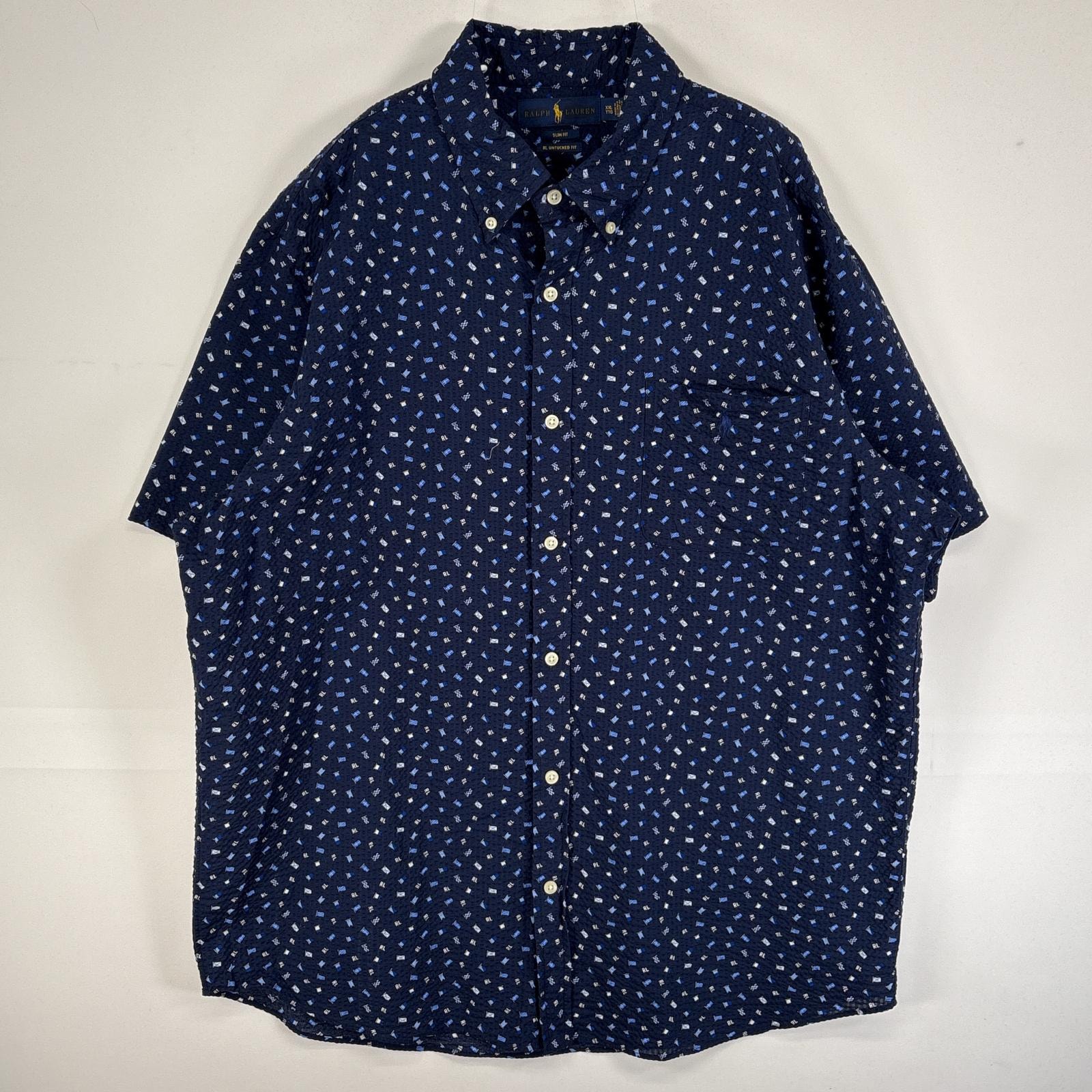 古着 ラルフローレン RALPH LAUREN シアサッカー 半袖シャツ ロゴ 刺繍 RL UNTUCKED FIT 大きいサイズ 14041  ネイビー 総柄 メンズ