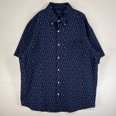 古着 ラルフローレン RALPH LAUREN シアサッカー 半袖シャツ ロゴ 刺繍 RL UNTUCKED FIT 大きいサイズ 14041 ネイビー 総柄 メンズ