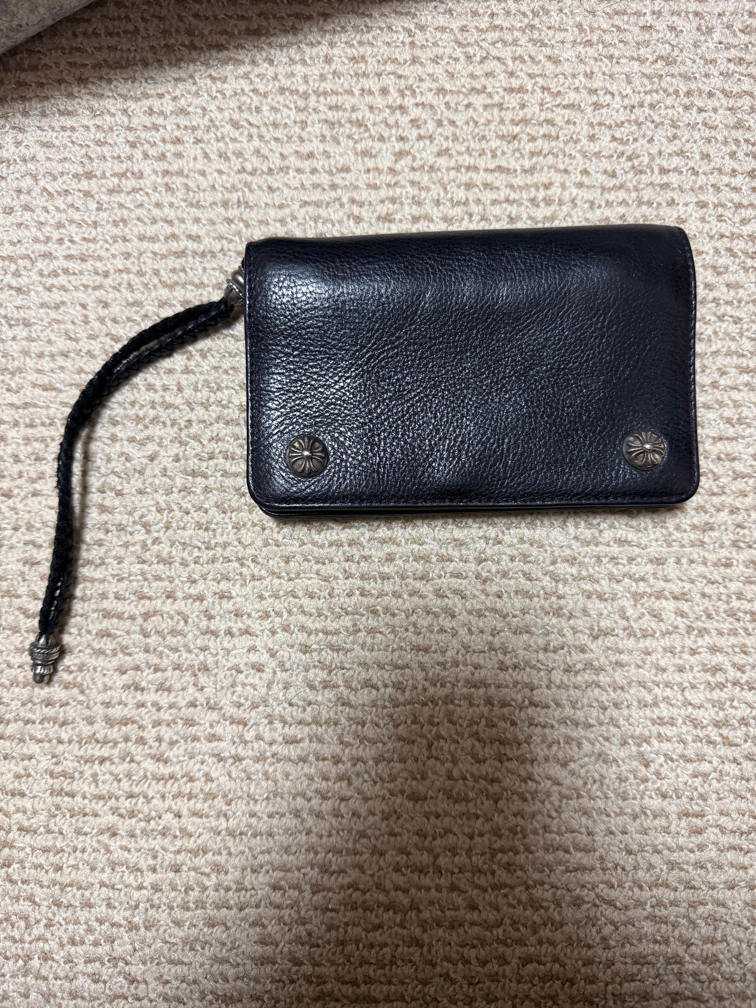 Chrome Hearts 2-Zip Wallet Cross Button Strap Black Leather "Black"