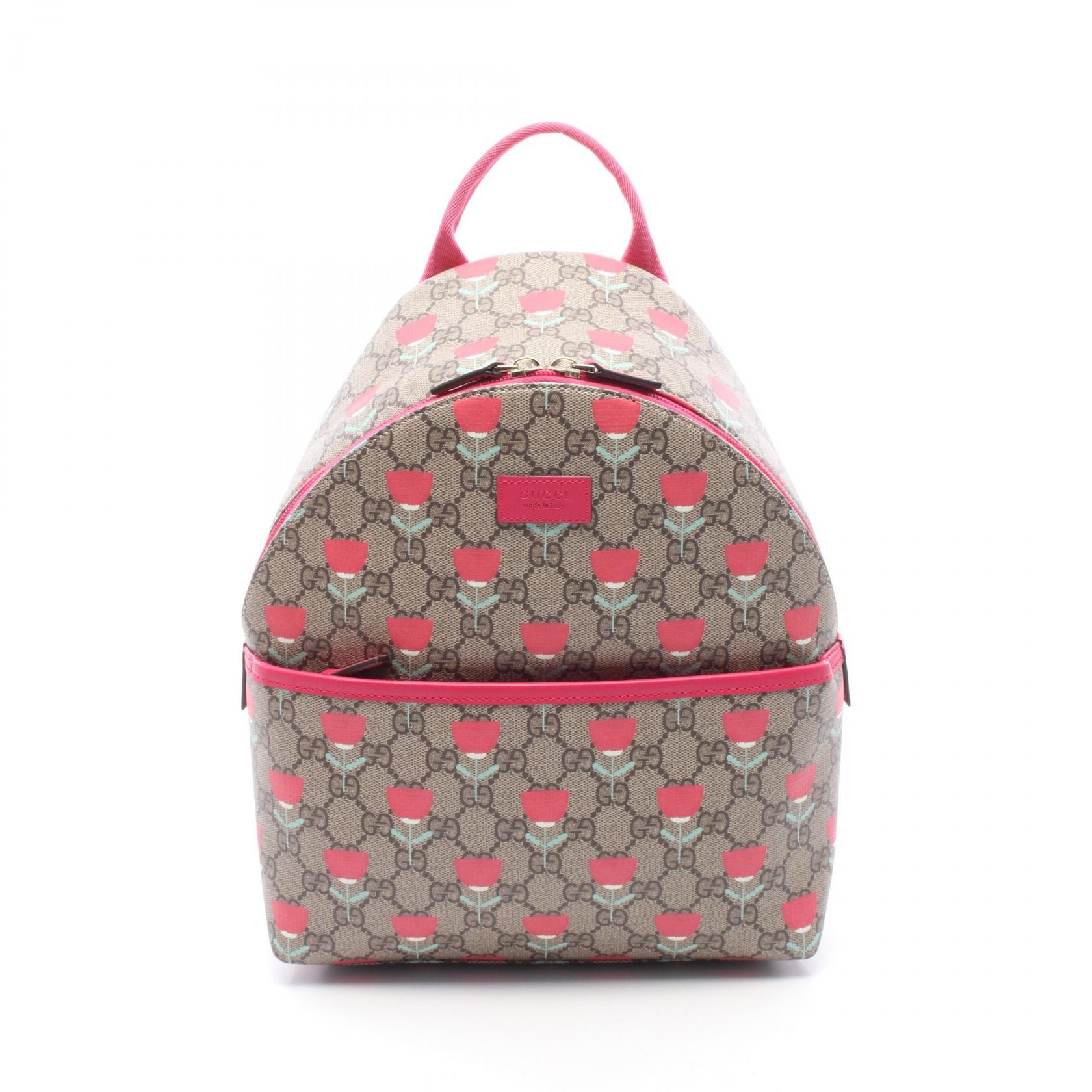 グッチ GUCCI チルドレンズ GGスプリーム キムスンヨン フラワープリント リュックサック バックパック バッグ PVCコーティングキャンバス レザー レディース ベージュ系 / ピンク系 【中古】
