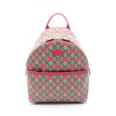 グッチ GUCCI チルドレンズ GGスプリーム キムスンヨン フラワープリント リュックサック バックパック バッグ PVCコーティングキャンバス レザー レディース ベージュ系 / ピンク系 【中古】