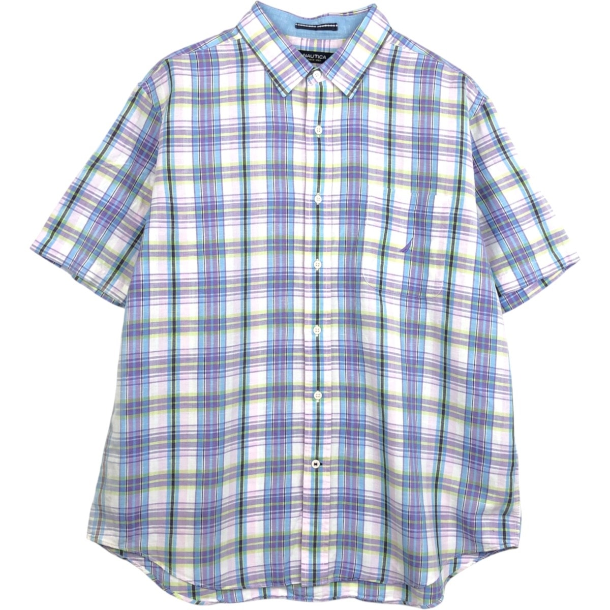 古着 00年代 ノーティカ NAUTICA チェック柄 半袖 リネン×コットンシャツ メンズXL相当/eaa668135
