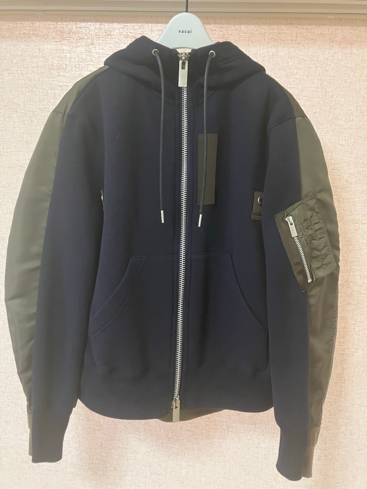 sacai Sponge x Nylon Twill Hoodie "Navy/Dark Khaki"
