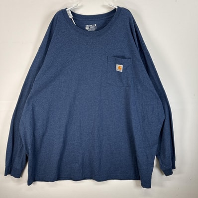 古着 カーハート Carhartt 長袖Tシャツ 大きいサイズ 肉厚 ワンポイント ロゴ 胸ポケ 4XL ブルー系 無地 メンズ