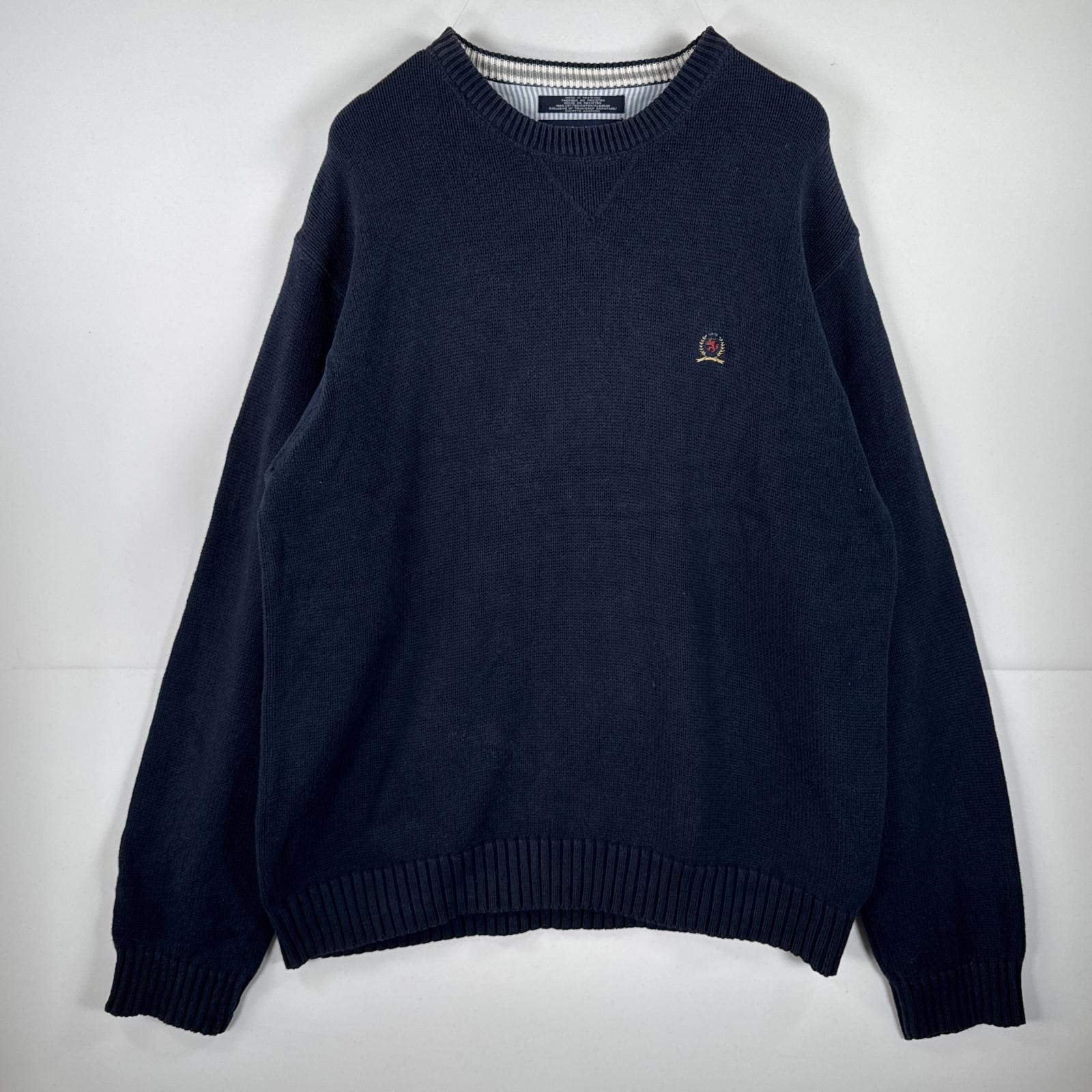古着 トミーヒルフィガー TOMMY HILFIGER 長袖 ニット クルーネック ワンポイント 刺繍 セーター コットン XL  ネイビー 無地 メンズ