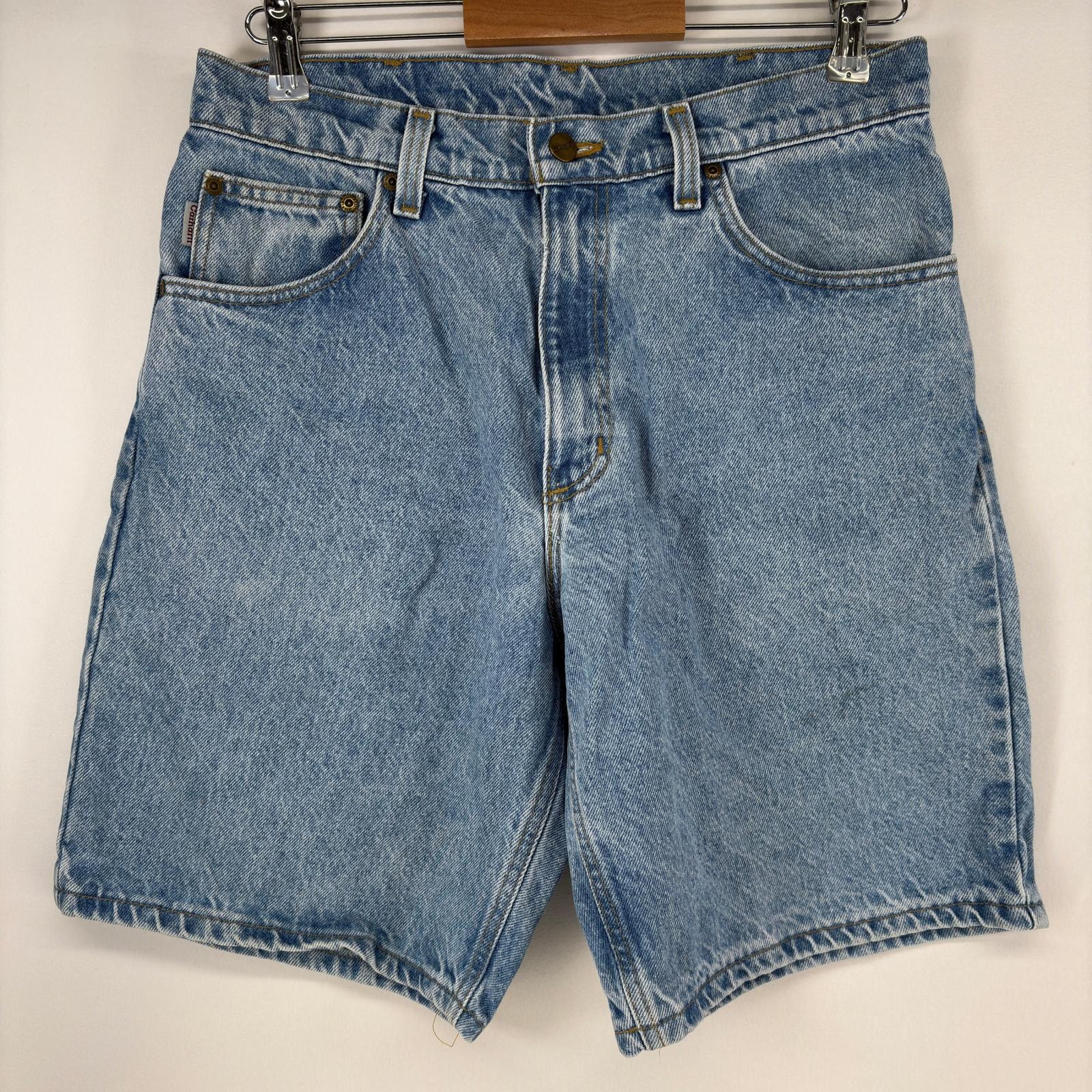 古着 カーハート Carhartt USA製 デニム ショートパンツ ジップ ワンポイントロゴ コインポケット ハーフパンツ w32  ブルー メンズ