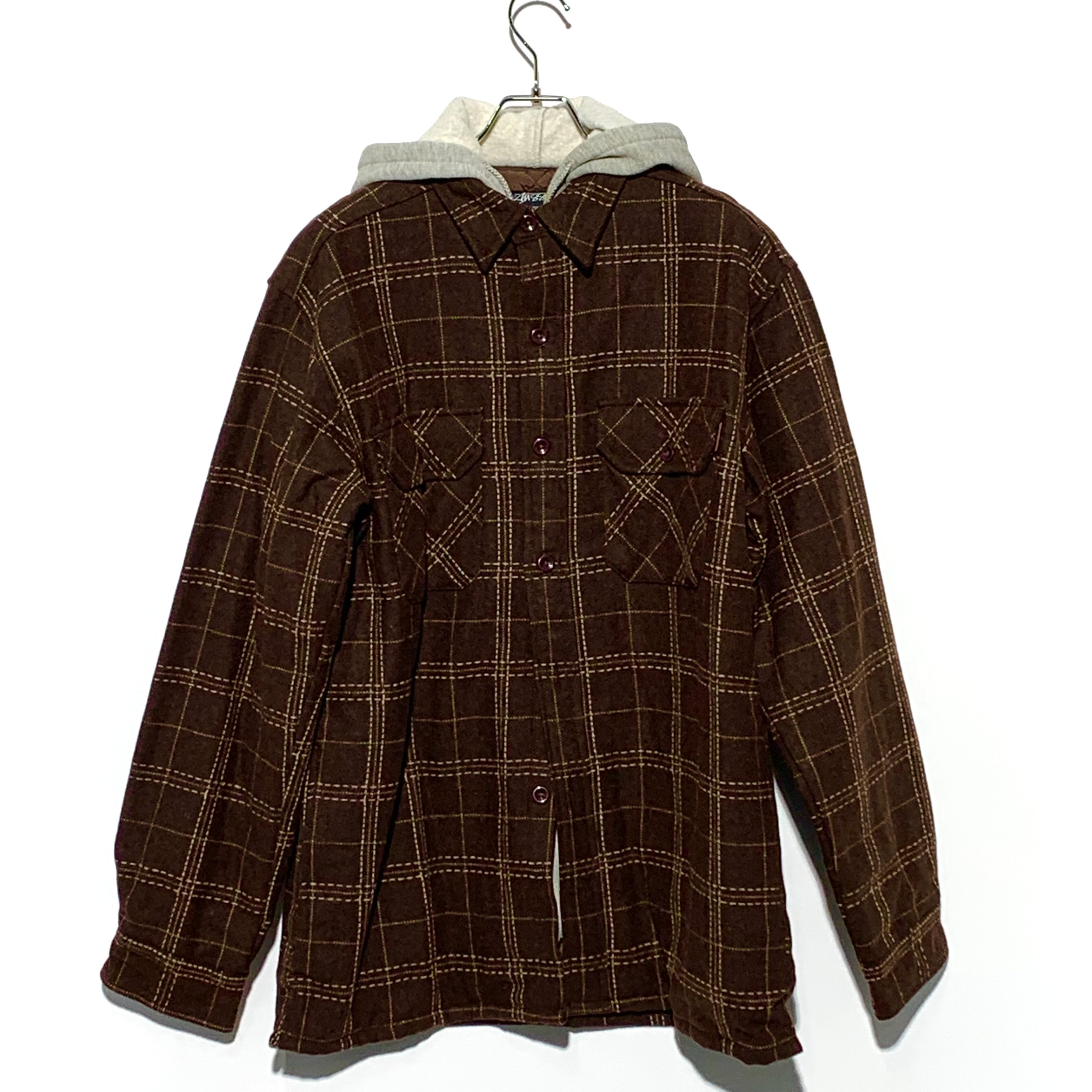 STUSSY Plaid Shirt Layered Hoodie Brown