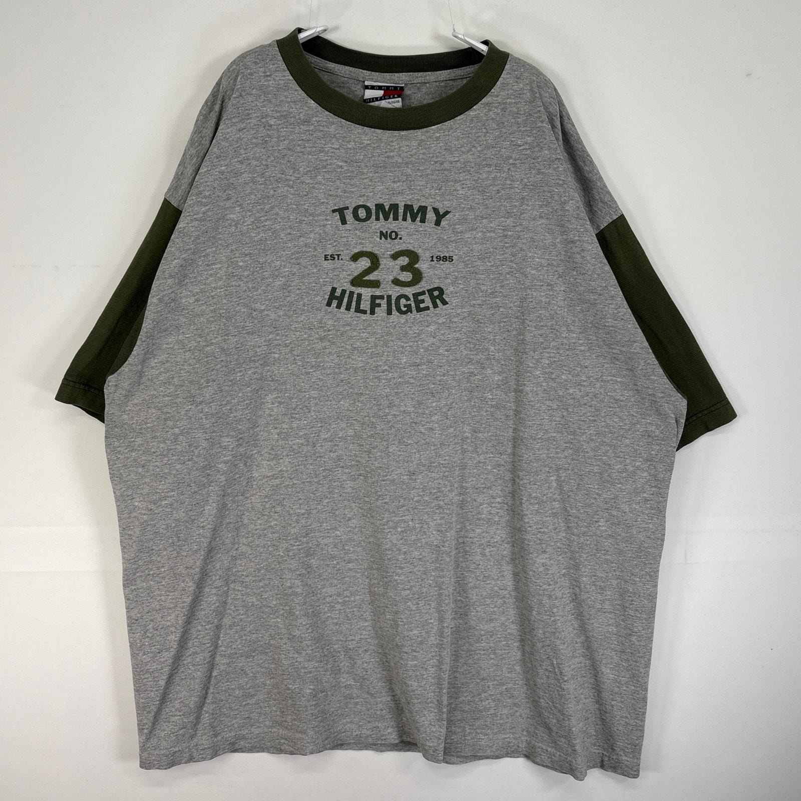古着 トミーヒルフィガー TOMMY HILFIGER 半袖Tシャツ ロゴ プリント 大きいサイズ 袖 襟 切替 XL  グレー系 ツートン メンズ
