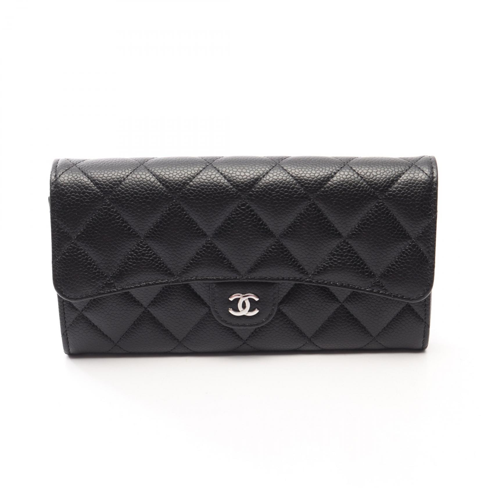 シャネル CHANEL クラシック ロング フラップ ウォレット マトラッセ 二つ折り長財布 財布 キャビアスキン(グレインドカーフ) レディース ブラック系 AP0241 【中古】