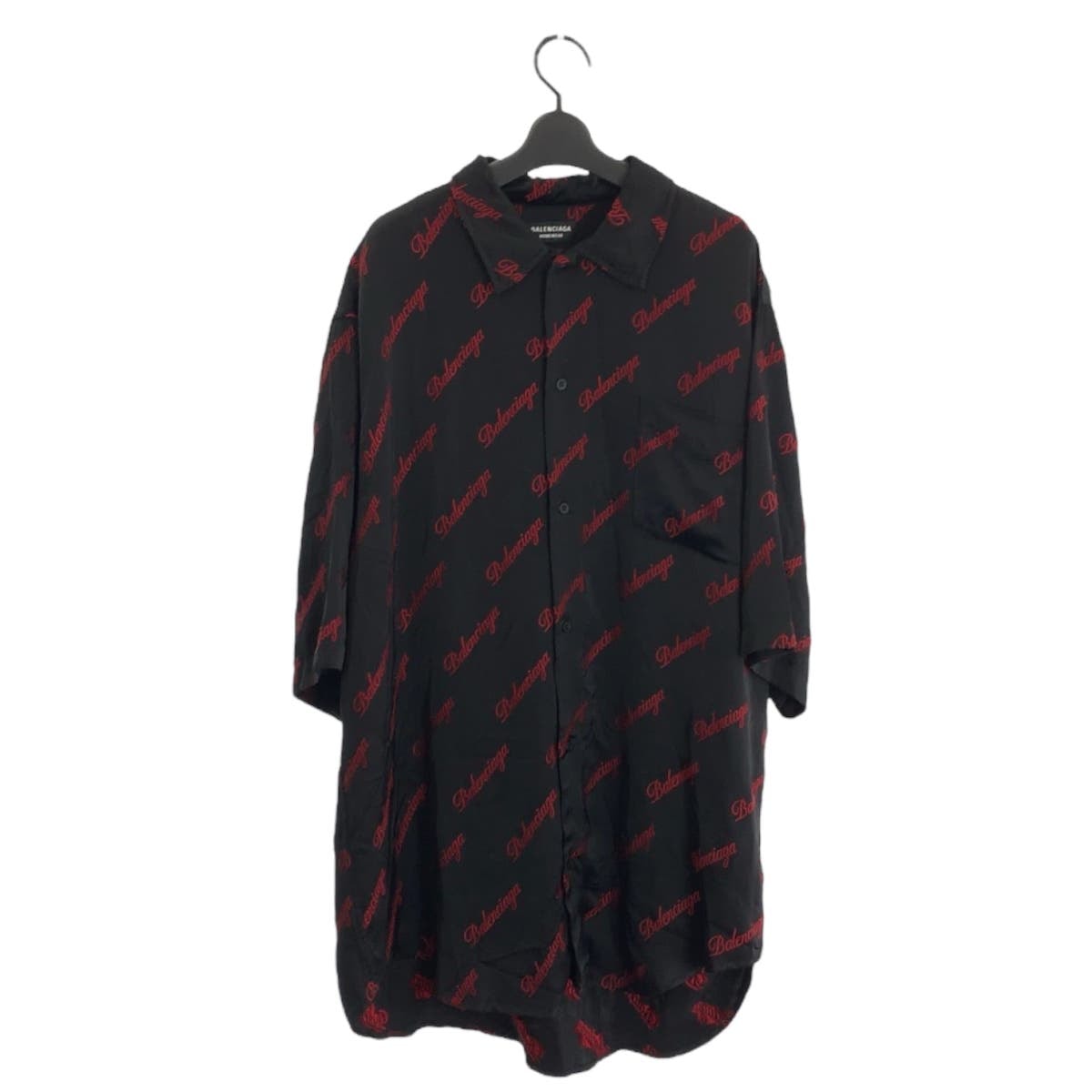 美品 BALENCIAGA バレンシアガ ロゴ総柄 サイズ37 ブラック 黒 レッド レーヨン コットン/ 半袖シャツ 601256 【中古】