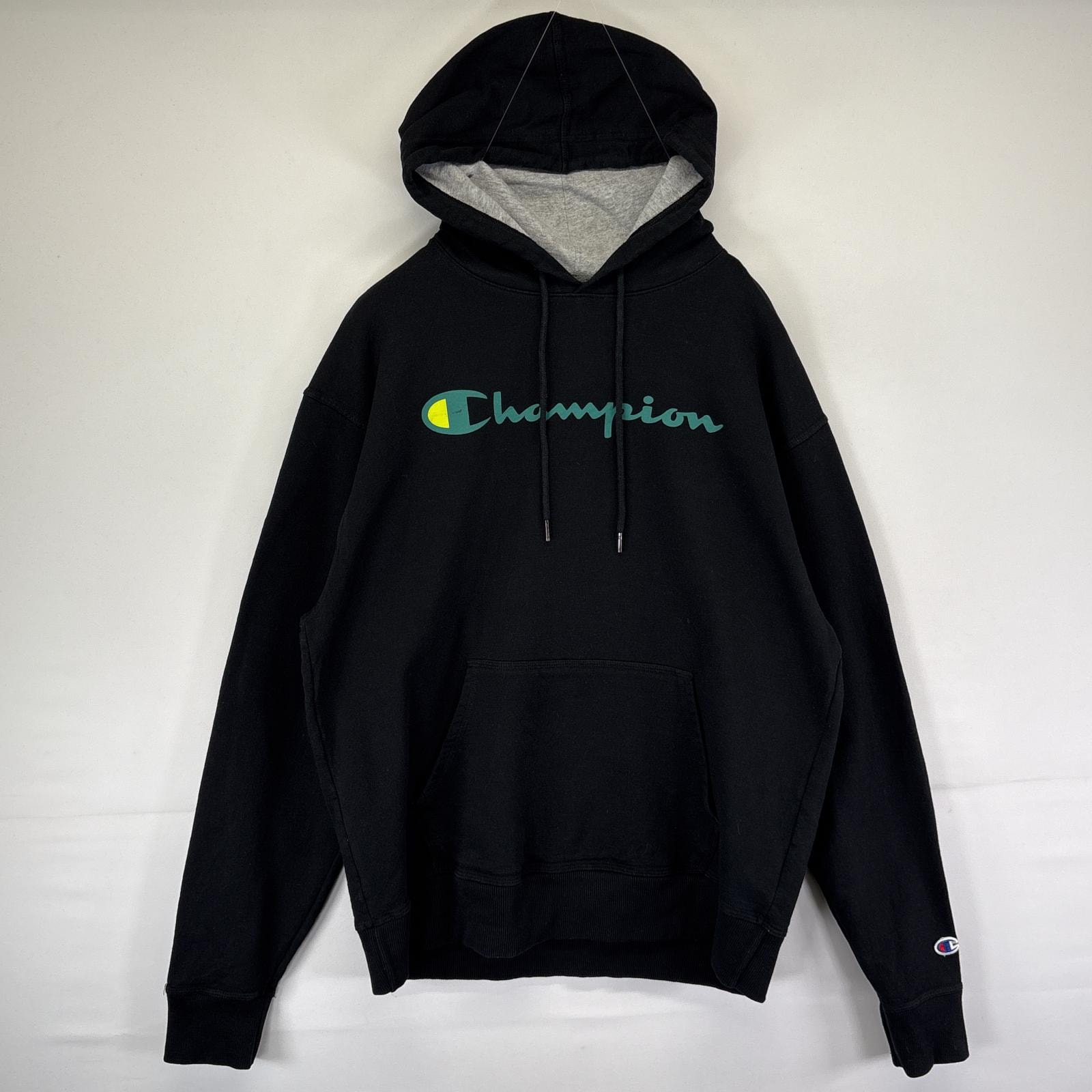 古着 チャンピオン Champion パーカー プルオーバー フーディ ビッグロゴプリント スウェット ワッペン L ブラック メンズ