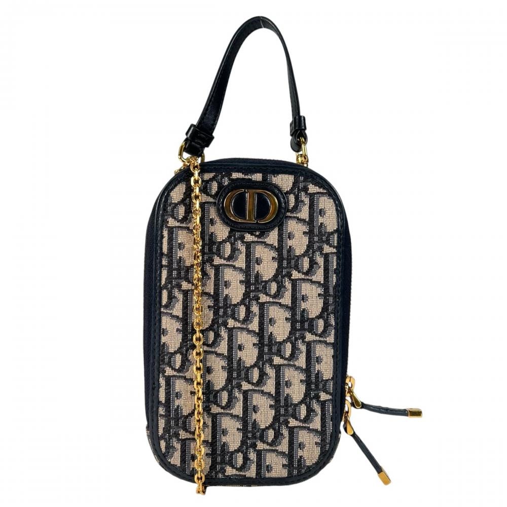 Christian Dior クリスチャンディオール ショルダーバッグ モンテーニュ コーリンディオール フォンホルダー 斜め掛け S2114UTZQ_M928 キャンバス レザー ネイビー 紺 ブラック 黒 ゴールド金具 レディース【中古品】