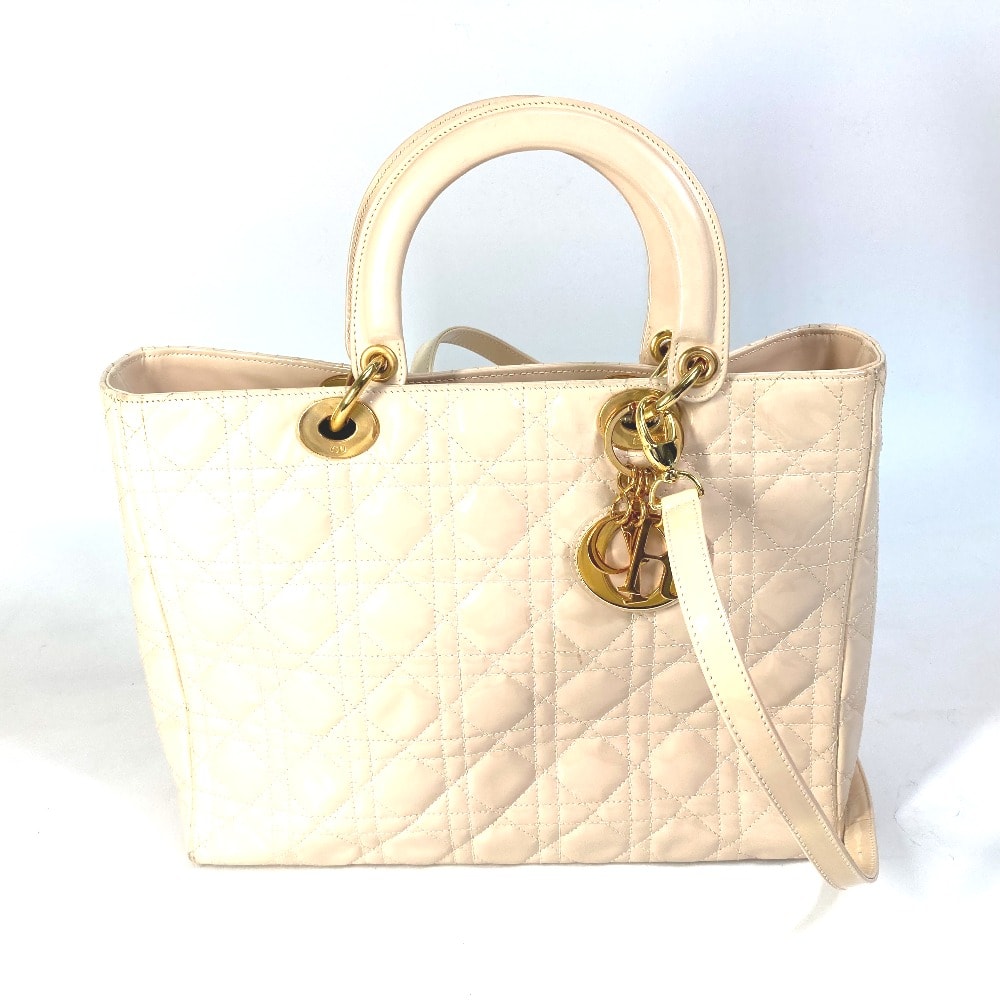 ディオール Dior カナージュ レディディオール LADYDIOR カバン 2WAY ショルダーバッグ 肩掛け ハンドバッグ パテントレザー ベージュ系