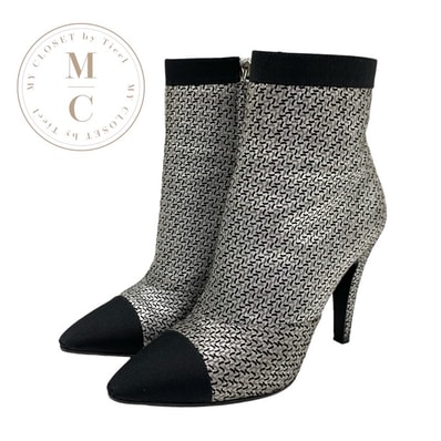 シャネル CHANEL ブーツ ショートブーツ 靴 シューズ ファブリック レザー シルバー ブラック ロゴ