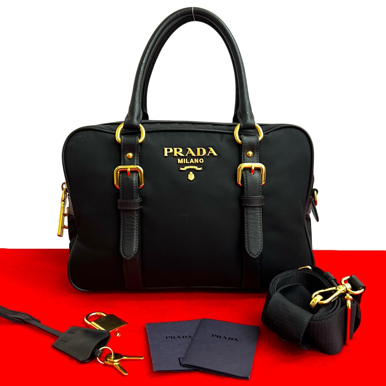 PRADA プラダ ロゴ 金具 ナイロン レザー ショルダーバッグ ブラック
 31974