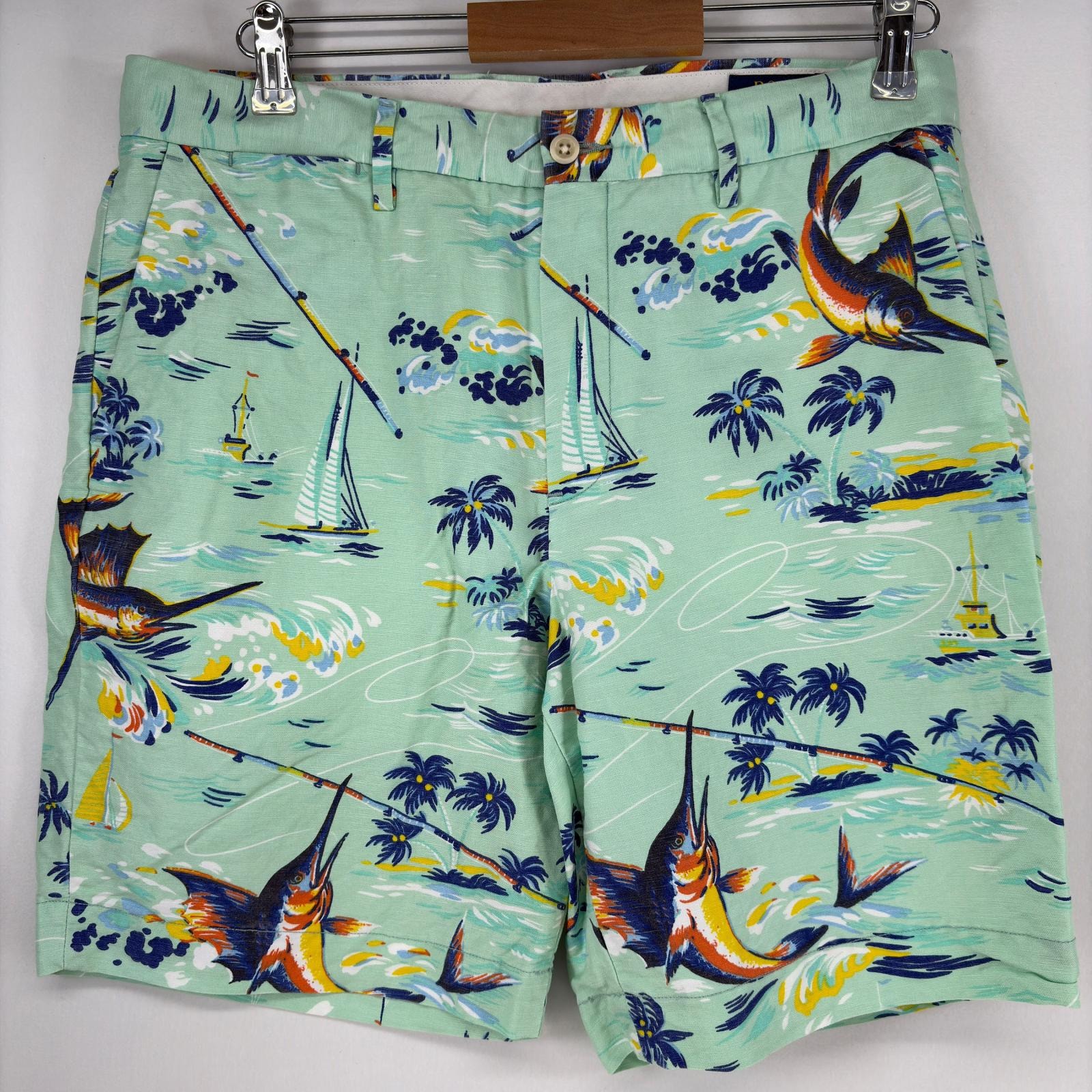 古着 ポロ・ラルフローレン POLO RALPH LAUREN ショートパンツ ハワイアン 麻 フィッシュ柄 魚 ハーフパンツ w33  グリーン系 メンズ