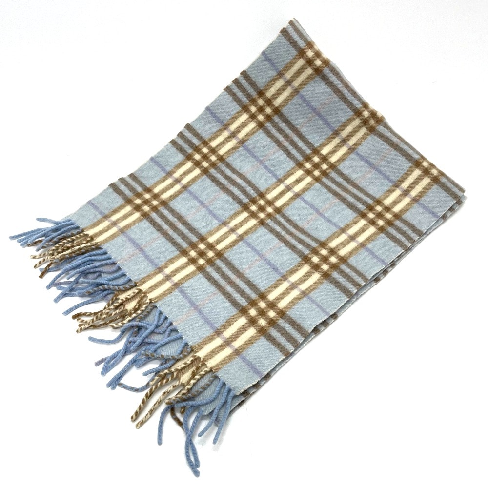 バーバリー BURBERRY 新タグ/フリンジ チェック ファッション小物 マフラー ウール/カシミヤ ブルー