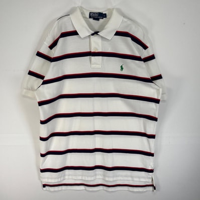 古着 ポロバイラルフローレン Polo by Ralph Lauren 半袖 ポロシャツ ロゴ 刺繍 ボーダー 2ボタン L ホワイト系 マルチカラー メンズ