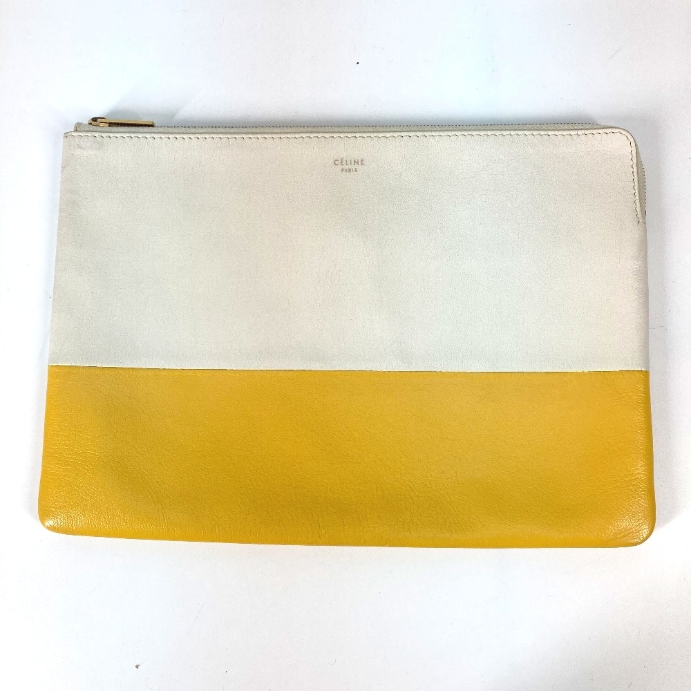 セリーヌ CELINE バイカラー ポーチ クラッチバッグ レザー ホワイト×イエロー
