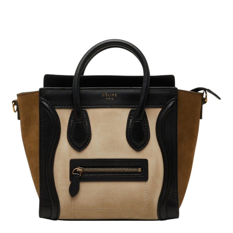 セリーヌ ラゲージ ナノショッパー ハンドバッグ ブラック マルチカラー レザー スウェード レディース CELINE 【中古】