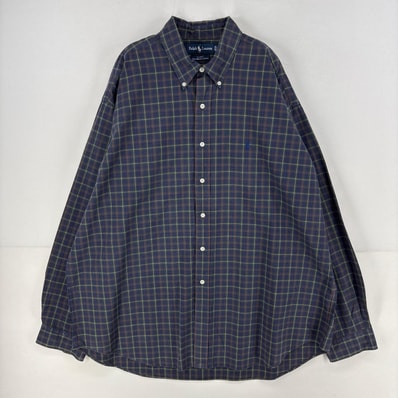 古着 ポロ・ラルフローレン POLO RALPH LAUREN 長袖シャツ 大きいサイズ BLAKE ワンポイント ロゴ 刺繍 2XL ネイビー チェック メンズ