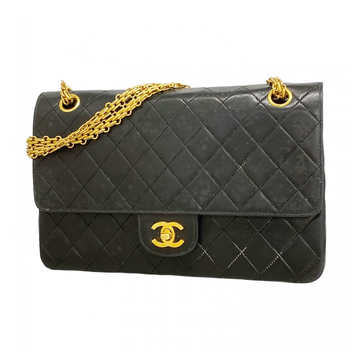 【6ce6432-k】シャネル ショルダーバッグ マトラッセ Wフラップ Wチェーン ラムスキン ブラック ゴールド金具【中古】レディース