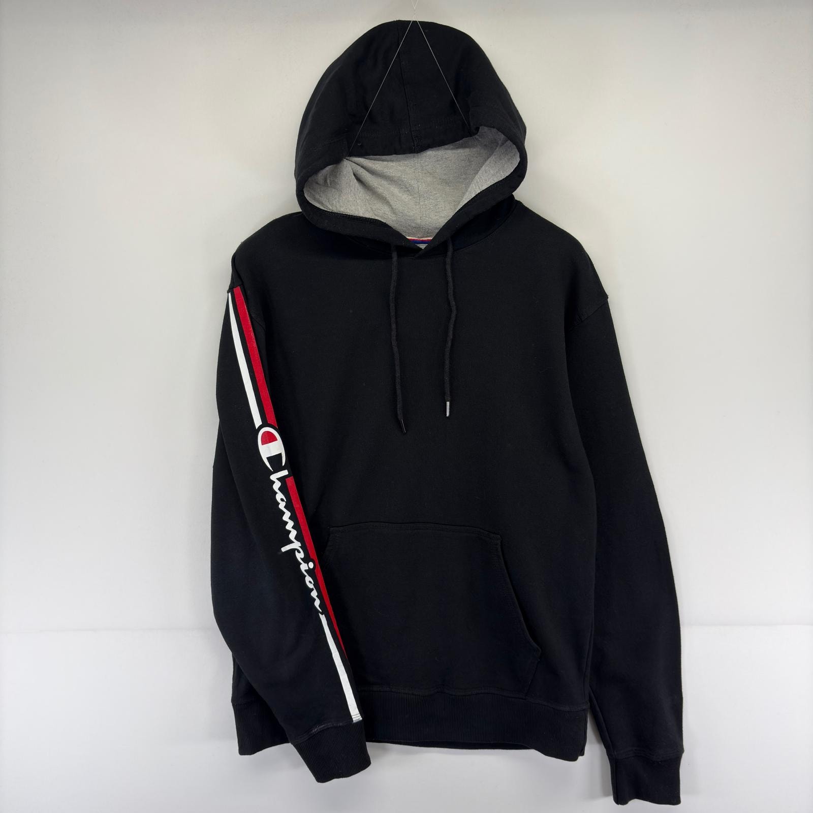 古着 チャンピオン Champion パーカー プルオーバー ワッペン スウェット フーディ 袖ロゴプリント M ブラック系 メンズ