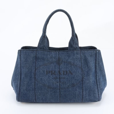 ■美品 プラダカナパ デニム ブルー トライアングルロゴトート バッグ