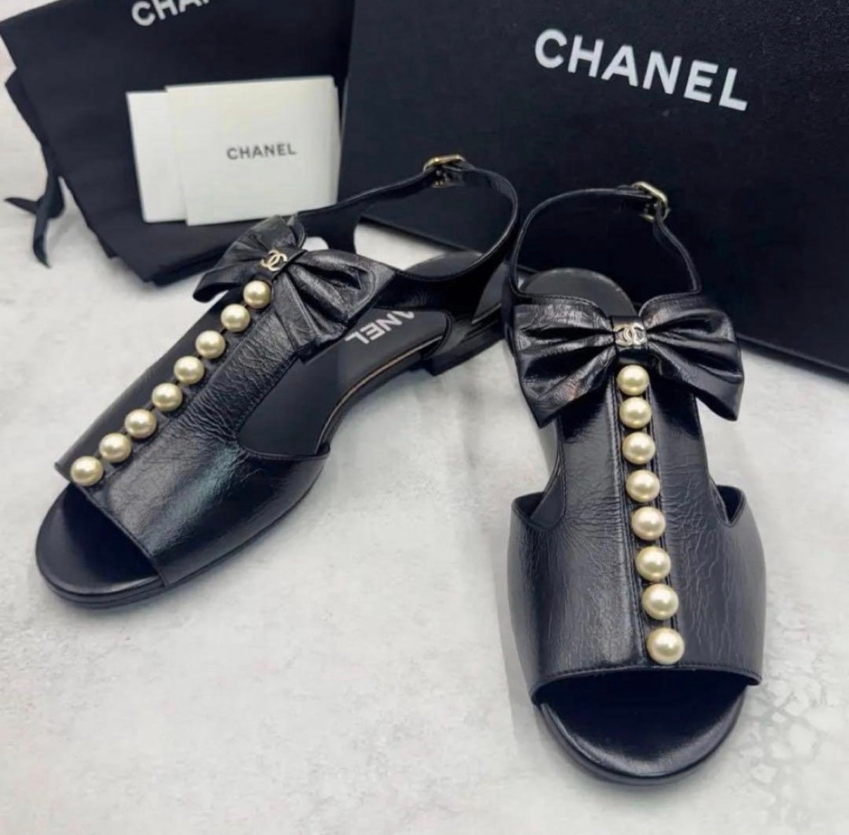 CHANEL シャネル フラットサンダル ココ リボン フェイクパール ブラック