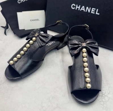 CHANEL シャネル フラットサンダル ココ リボン フェイクパール ブラック