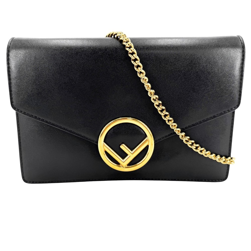 FENDI フェンディ チェーンウォレット エフイズフェンディ ショルダーバッグ ミニバッグ 8BS006 レザー    ブラック 黒 ゴールド金具 レディース【中古品】