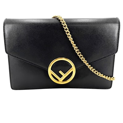 FENDI フェンディ チェーンウォレット エフイズフェンディ ショルダーバッグ ミニバッグ 8BS006 レザー ブラック 黒 ゴールド金具 レディース【中古品】