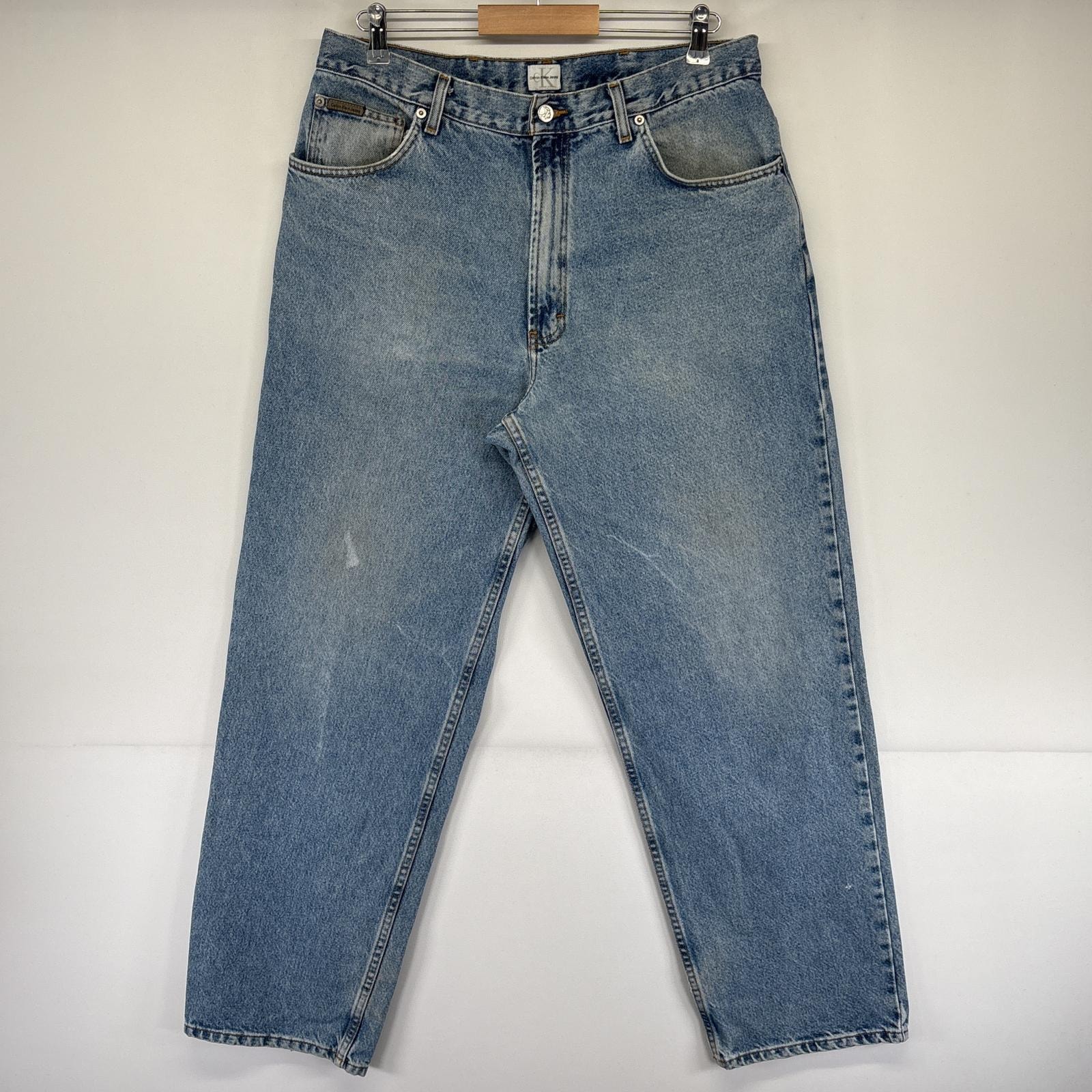 古着 カルバンクライン Calvin Klein デニムパンツ テーパード レザーパッチ ジーパン ジーンズ 色落ち w36 L32  ブルー メンズ