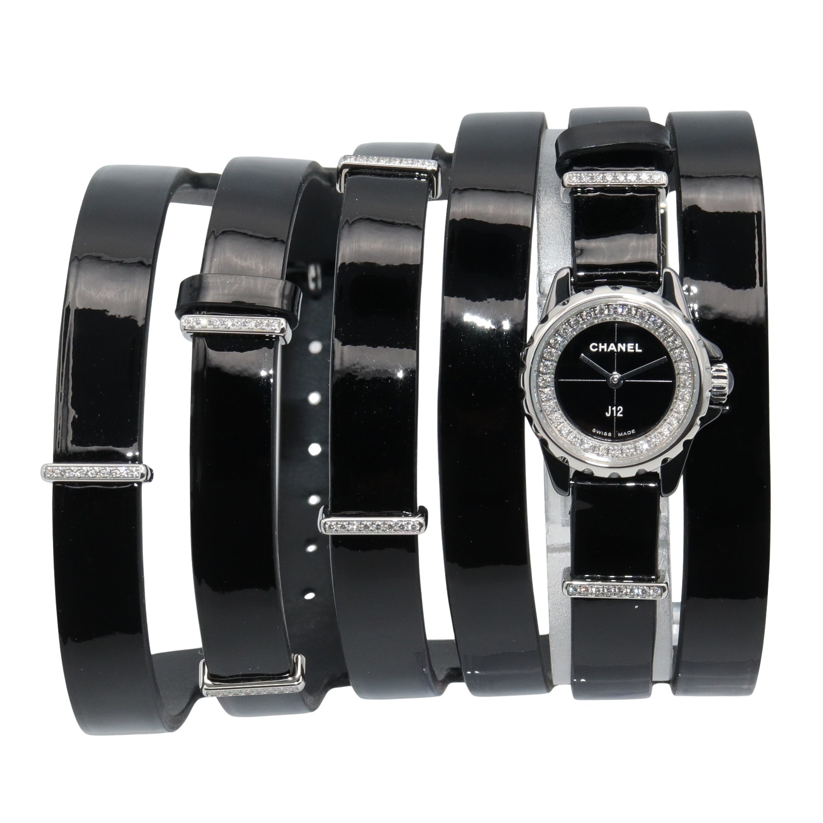 シャネル CHANEL J12 XS Wベルト ダイヤベゼル 腕時計 時計 ステンレススチール セラミック ダイヤモンド/レザーベルト レディース ブラック系 H4665 【中古】
