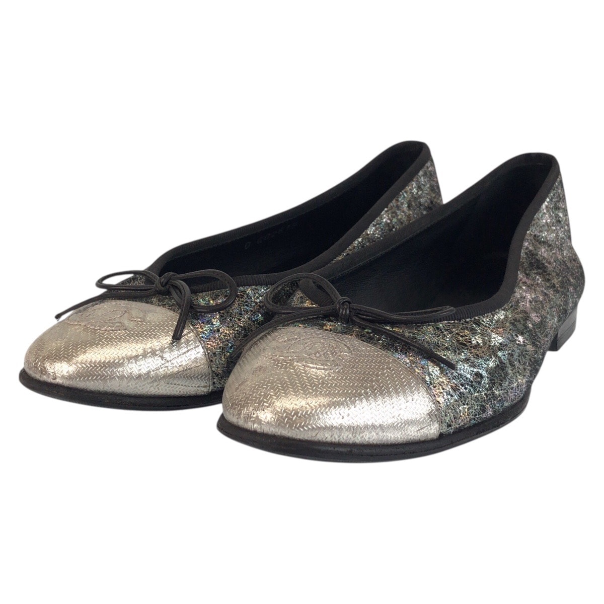 美品 CHANEL シャネル ココマーク サイズ36 シルバー ブラック 黒 レザー パンプス フラットシューズ バレエシューズ 506207 【中古】