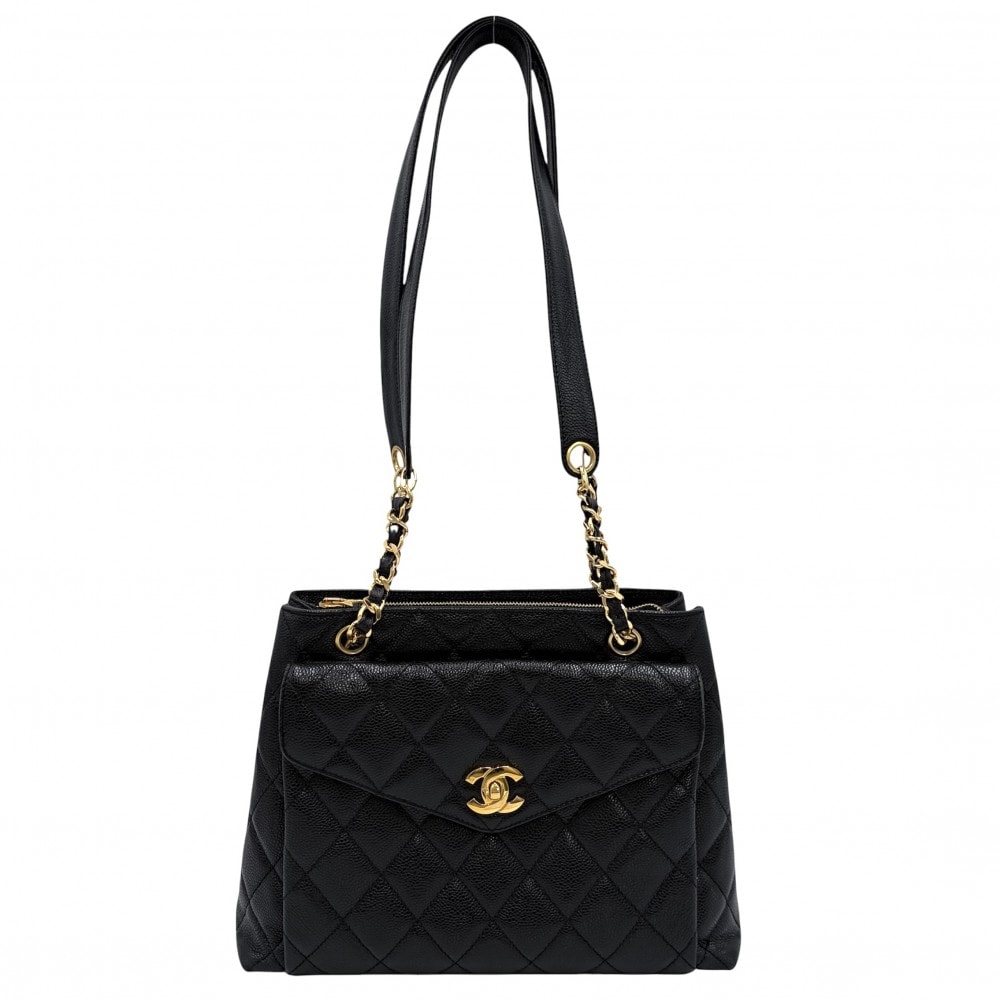 CHANEL シャネル ショルダーバッグ ココマーク マトラッセ フルフラップ 肩掛け A06323  キャビアスキン   ブラック 黒 ゴールド金具 レディース【中古品】