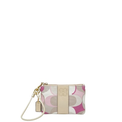 コーチ シグネチャー オプアート ポーチ ベージュ マルチカラー キャンバス レザー レディース COACH 【中古】