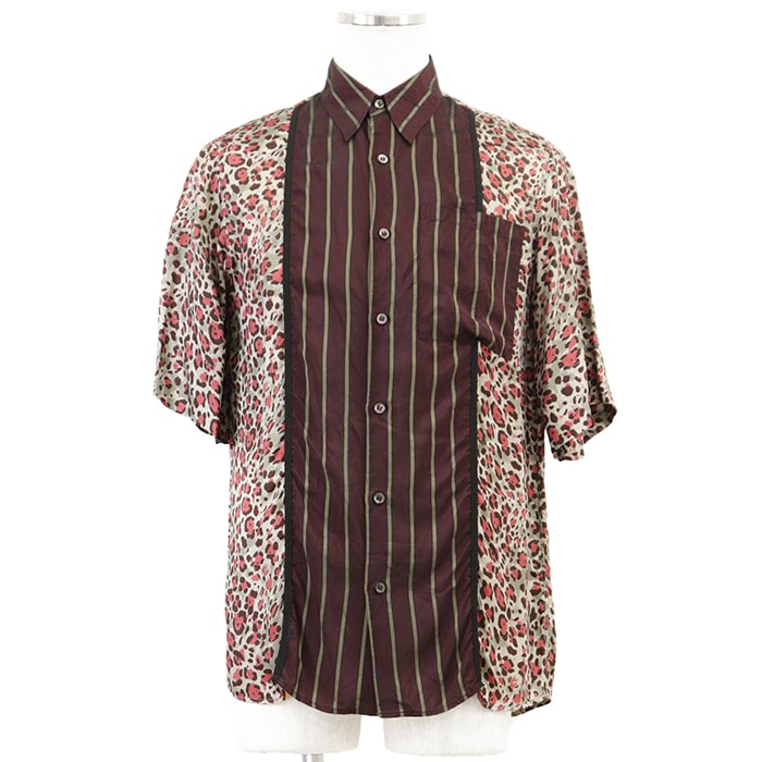 SALE【美品】DRIES VAN NOTEN ドリスヴァンノッテン シャツ サイズ 46 メンズ ストライプ × レオパード プリント ショートスリーブ 半袖 トップス ボルドー マルチカラー 総柄 ハンガリー製