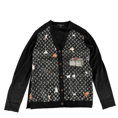 LOUIS VUITTON ルイヴィトン カーディガン キャットグラム 猫 トップス アパレル 服 L ブラック 黒 ウール シルク レディース 春 秋 冬【中古品】
