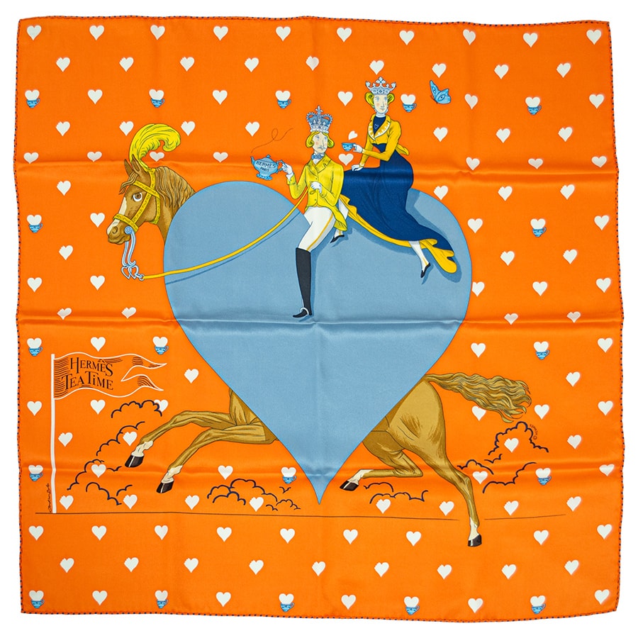 HERMES エルメス スカーフ カレ70 Tea Time ティータイム 943782S 2021AW ハート シルク オレンジ グレー【中古】