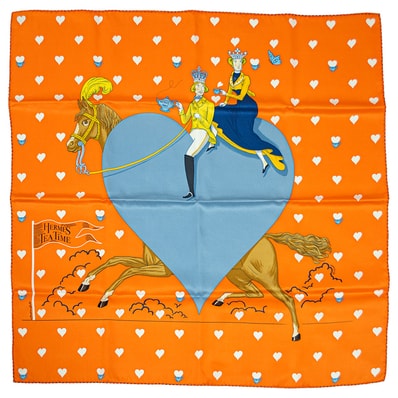 HERMES エルメス スカーフ カレ70 Tea Time ティータイム 943782S 2021AW ハート シルク オレンジ グレー【中古】