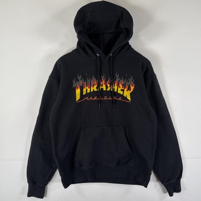 古着 スラッシャー THRASHER パーカー プルオーバー フーディ スウェット ファイヤーパターン スケーター ストリート S ブラック メンズ