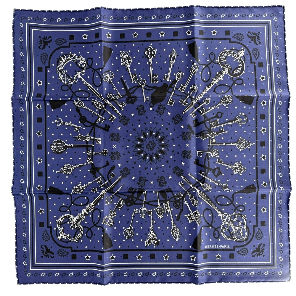 HERMES エルメス スカーフ カレ55 レクレ バンダナ ファッションアイテム LES CLES 鍵 シルク ネイビー 紺 レディース 美品【中古品】