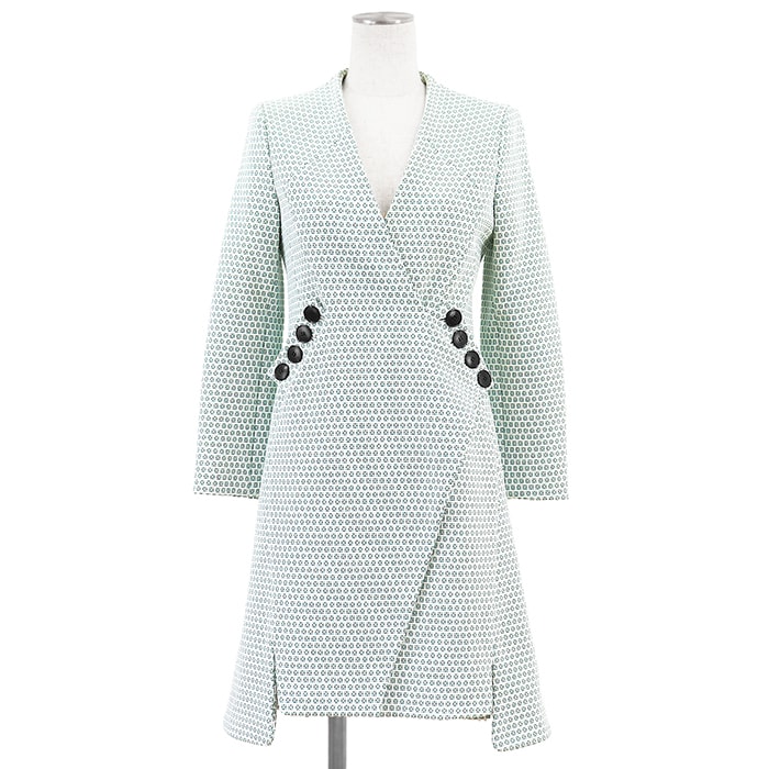 【極美品】Christian Dior クリスチャンディオール コート サイズ 36 レディース 2015年モデル ノーカラー ジオメトリック柄 アシンメトリー ボタン ストレッチ アウター グリーン ホワイト ブルー 白 青 緑 総柄 フランス製
