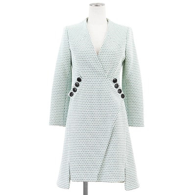 【極美品】Christian Dior クリスチャンディオール コート サイズ 36 レディース 2015年モデル ノーカラー ジオメトリック柄 アシンメトリー ボタン ストレッチ アウター グリーン ホワイト ブルー 白 青 緑 総柄 フランス製