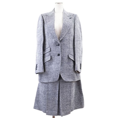 GUCCI グッチ セットアップ ジュート x コットン ジャケット テーラード 2B スカート ホースビット ウェブストライプ シェリーライン レディース ホワイト ネイビー 白 紺 イタリア製