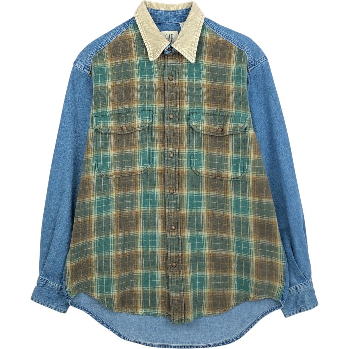 古着 90年代 ギャップ GAP オールドギャップ チェック柄 切替 長袖 デニムシャツ メンズS相当/eaa649293
