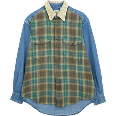古着 90年代 ギャップ GAP オールドギャップ チェック柄 切替 長袖 デニムシャツ メンズS相当/eaa649293
