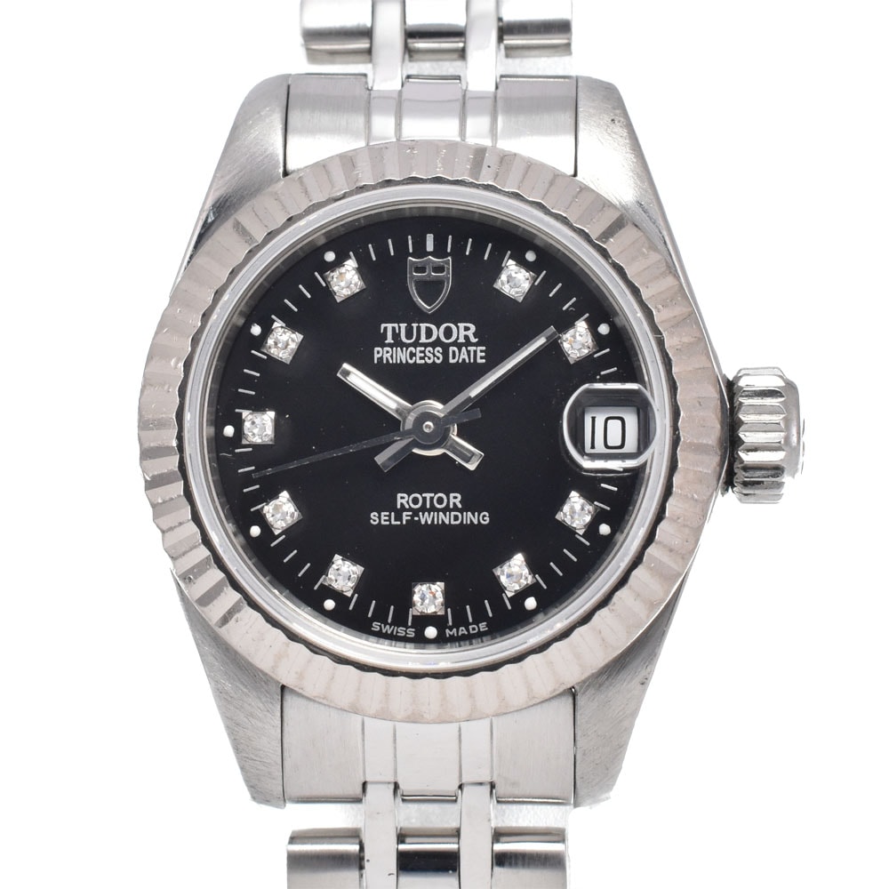 チューダー TUDOR 92514 プリンセス デイト WGベゼル 10Pダイヤモンド ブラック 自動巻き レディース 良品 腕時計 E#149716