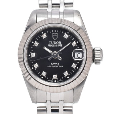 チューダー TUDOR 92514 プリンセス デイト WGベゼル 10Pダイヤモンド ブラック 自動巻き レディース 良品 腕時計 E#149716
